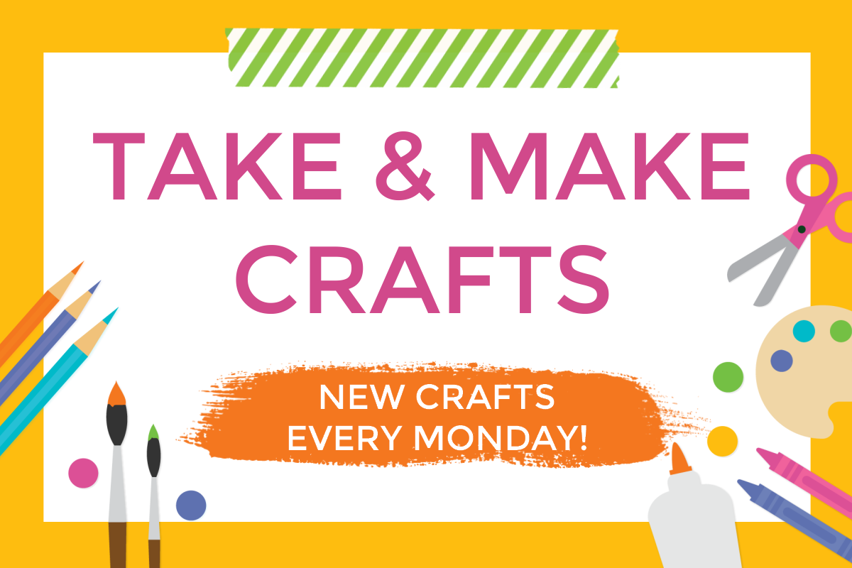 Clip art of craft supplies with the text Take & Make crafts