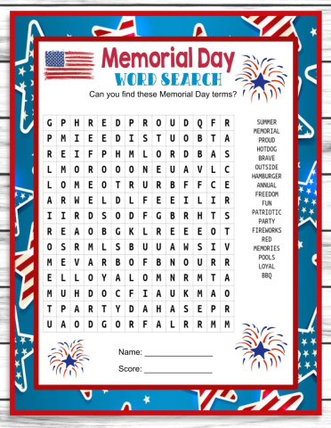 Image of Memorial Day word search