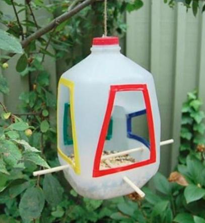 Image of bird feeder made from milk jug