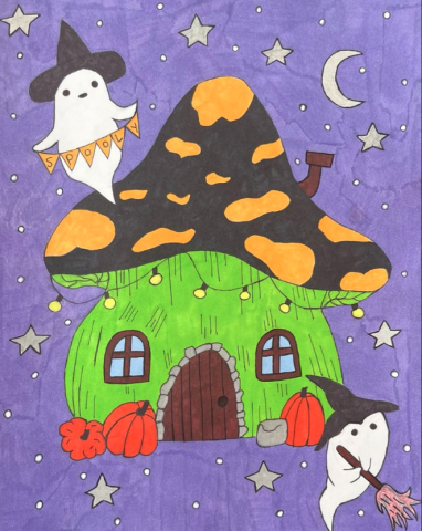 Image of mushroom haunted house painting