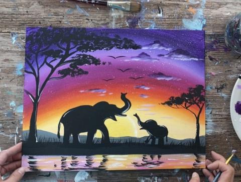 Image of elephant sunset painting